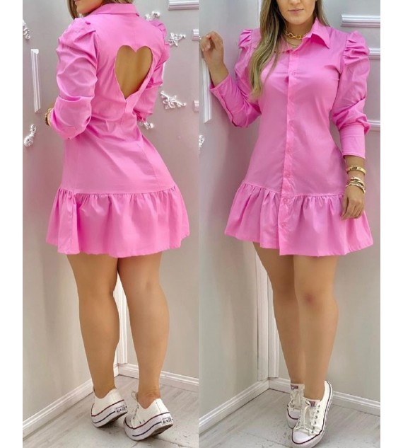 Heart Cut Back Puff Sleeve Shirt Dress