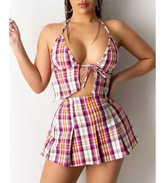 Plaid Color Backless Crop Top & Skirt Set