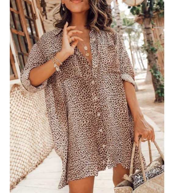 Cheetah Print Button Front Women Shirt Dress