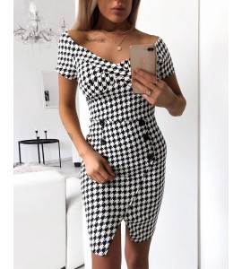 Houndstooth Buttoned Design Bodycon Dress