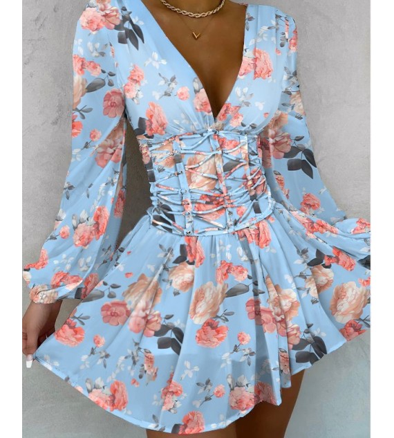 Floral Print V-Neck Lace Up Fold Pleat Dress