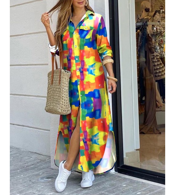 Color Pocket Design Slit Shirt Dress