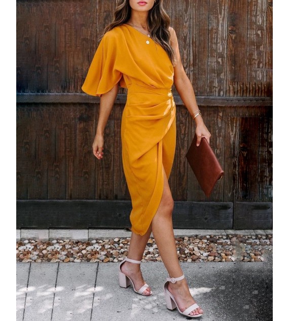 One Shoulder Ruched Bell Sleeve Dress