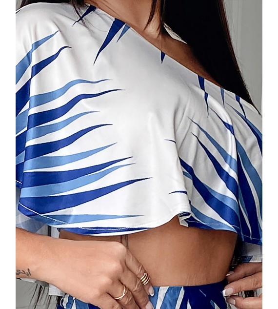Tropical Print One Shoulder Ruffles Hem Top & Maxi Skirt Set
