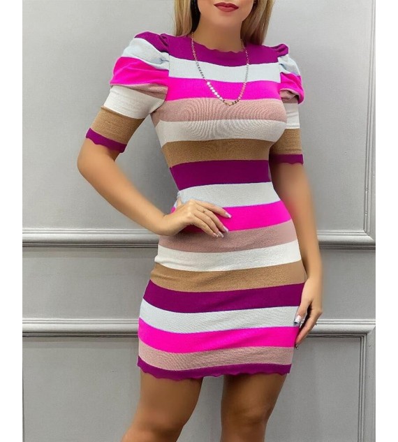 Striped Puff Sleeve Slinky Mini Dress