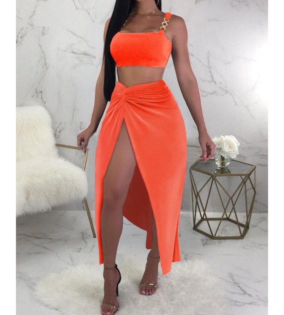 Chain Strap Crop Top & High Slit Twisted Skirt Set