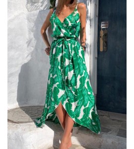 Leaf Print Tie Waist Midi Dress