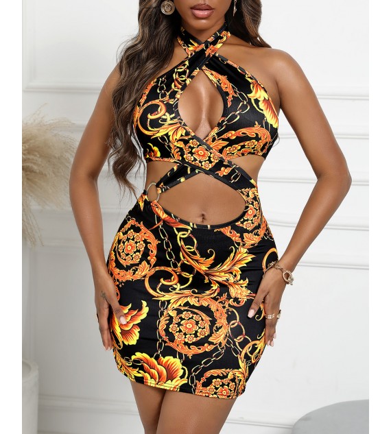 Halter Floral Chain Print Cutout Bodycon Dress