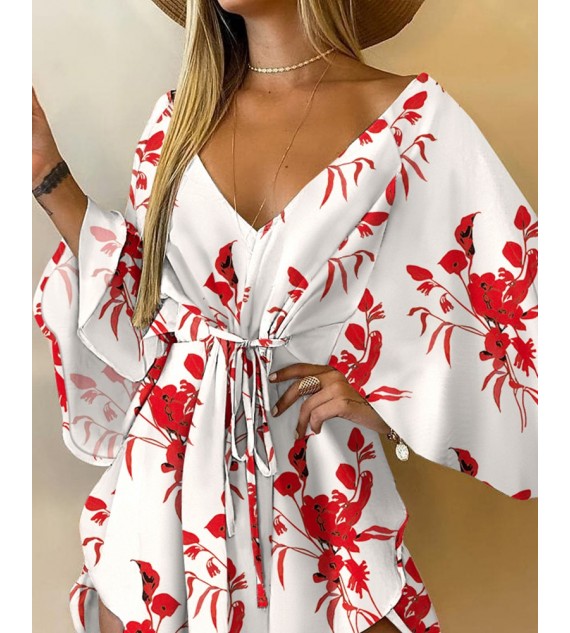 Floral Print V-Neck Asymmetrical Tie Front Mini Dress Casual Summer Dress