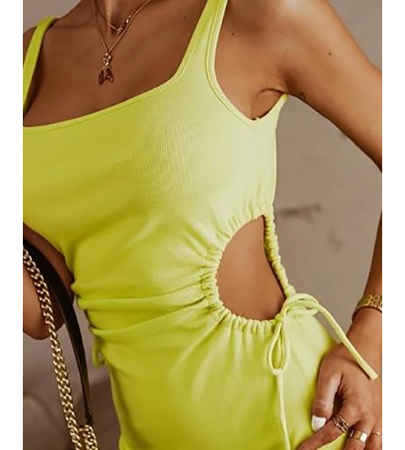 Drawstring Ruched Cutout Slit Maxi Dress