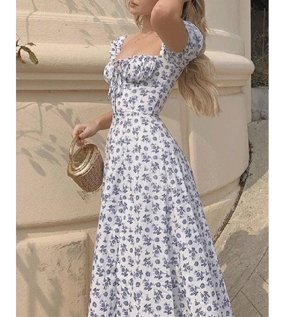 Floral Print High Slit Drawstring Puff Sleeve Dress