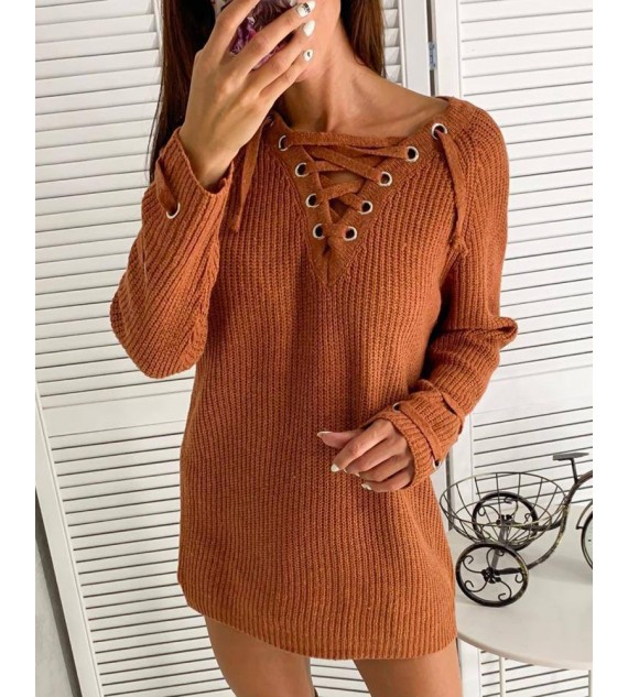 Knit Eyelet Lace Up Long Sleeve Dress