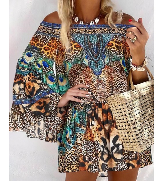 Off Shoulder Animal / Leopard Print Long Sleeve Dress Casual Loose Summer Vacation Dress
