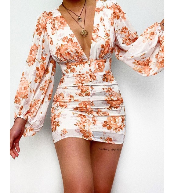 Floral Print Deep V-Neck Lantern Sleeve Bodycon Dress