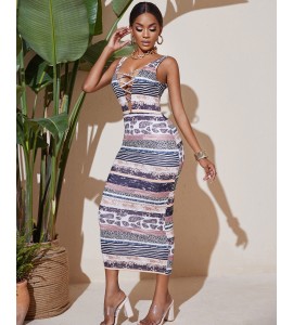 Lace-up Thick Strap Animal Print Dress