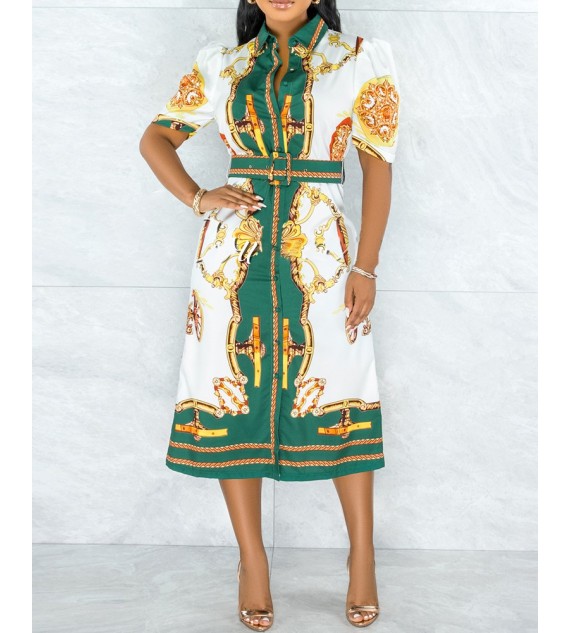 Scarf Print Button Front Shirt Dress With Belt