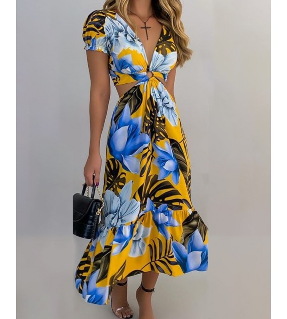 Floral Print Short Sleeve Loose Midi Dress