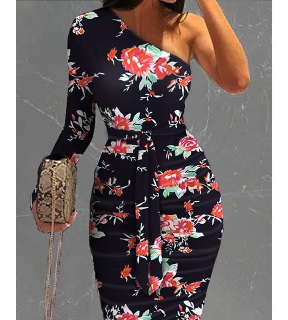 Floral Print One Shoulder Ruched Bodycon Dress Slim Midi Dress Party Dress