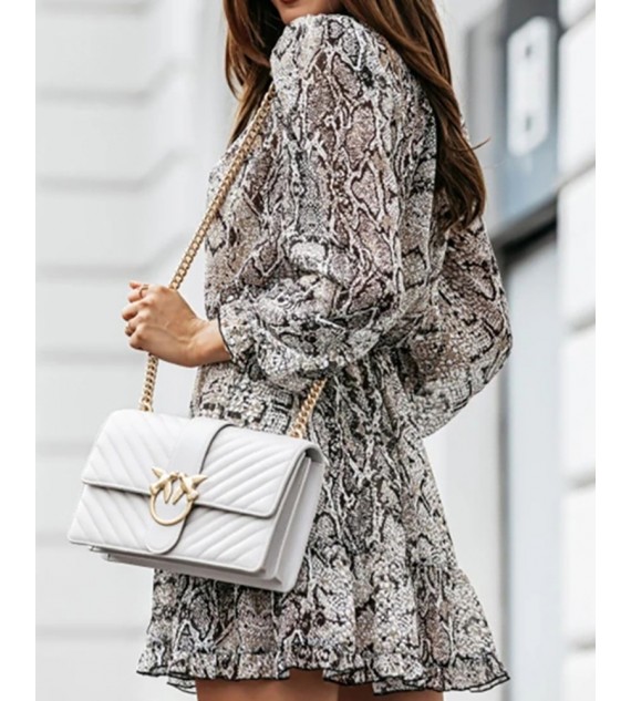 Snake Print Tied Detail Lantern Sleeve Dress