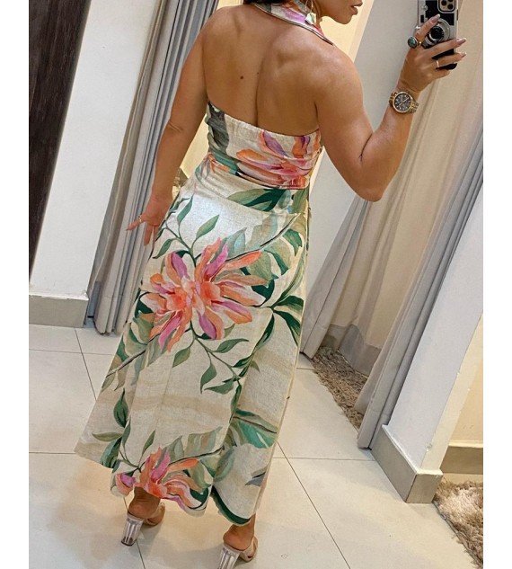 Floral Print Button Design Halter Backless Maxi Women Dress