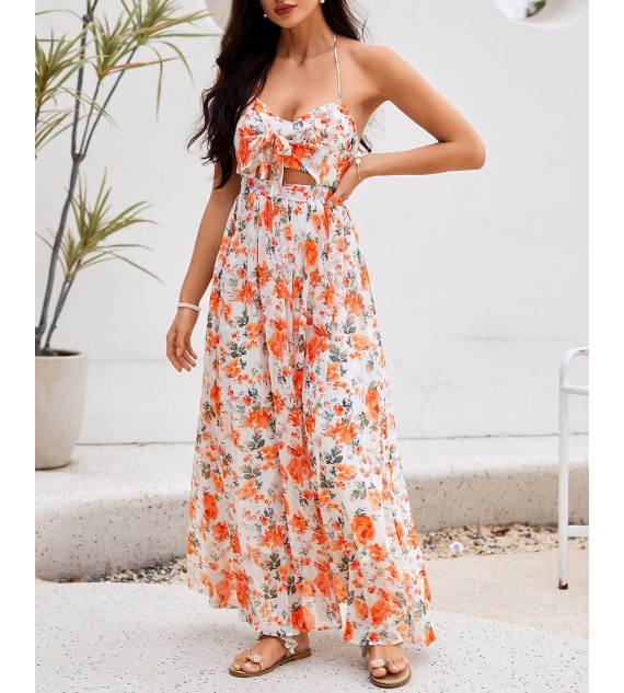 Floral Print Halter Lace Up Cutout Maxi Dress