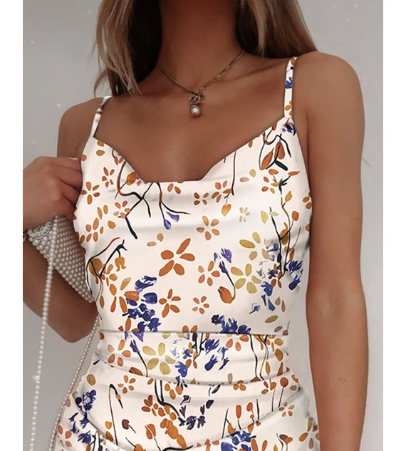 Floral Print Drawstring Ruched Dress