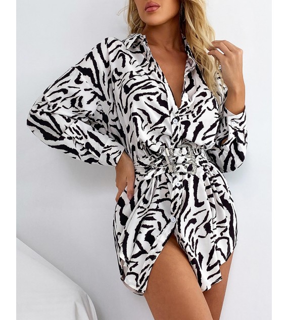 Zebra Stripe Print Long Sleeve Shirt Dress
