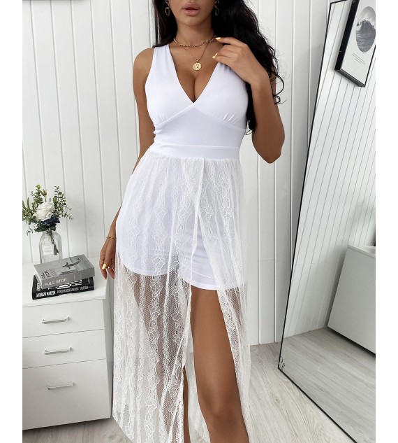 Solid Sleeveless Mesh Patchwork Loose Long Dress