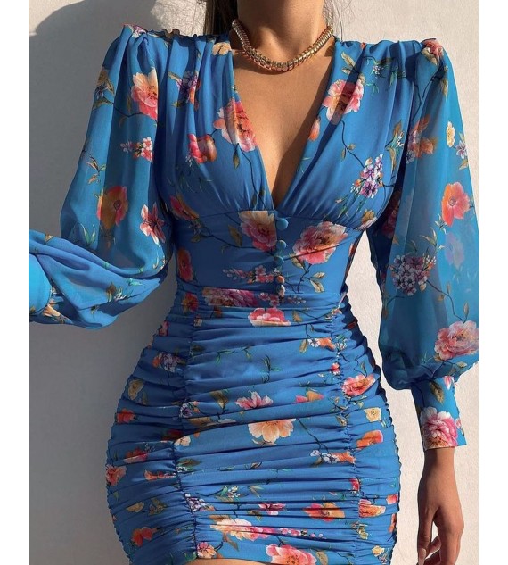 Puff Lantern Sleeve Floral Print Ruched Bodycon Dress
