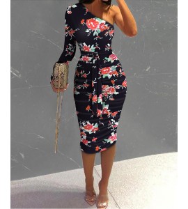 Floral Print One Shoulder Ruched Bodycon Dress Slim Midi Dress Party Dress