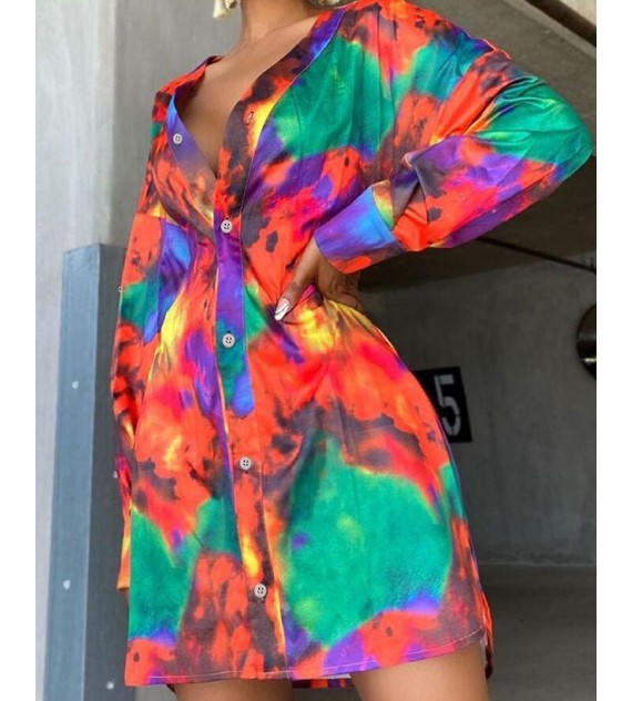 Tie Dye Long Sleeve Button Front Shirt Dress