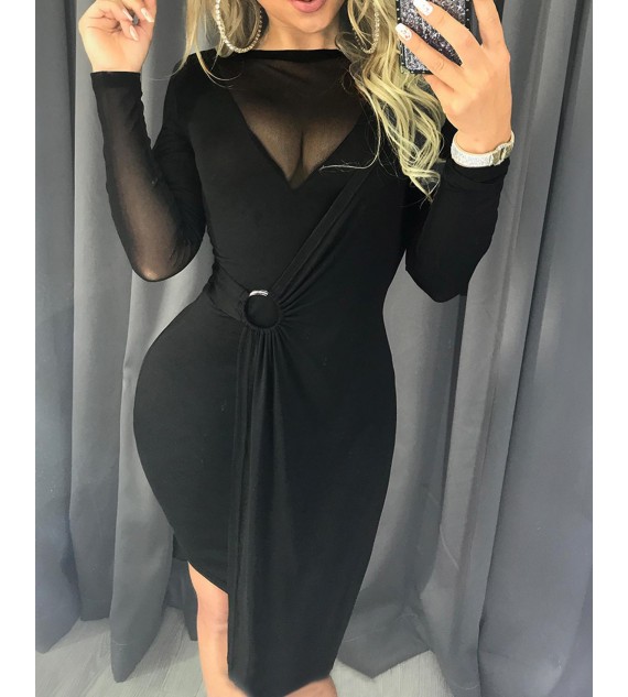 Sheer Mesh rt O-Ring Scrunched Irregular Dress