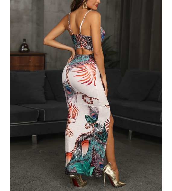 Peacock Feather Print Cutout Back Thigh Slit Maxi Dress