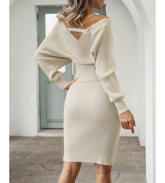 V Neck Backless Batwing Sleeve Knit Top & Skirt Set