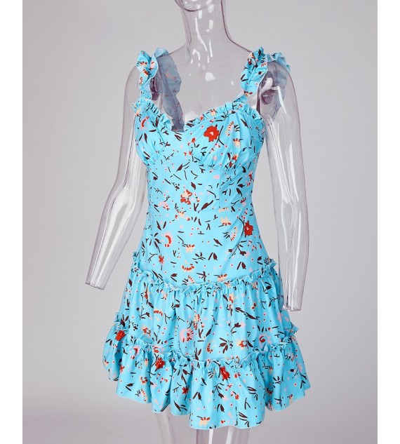 Floral Print Ruffle Trim Dress