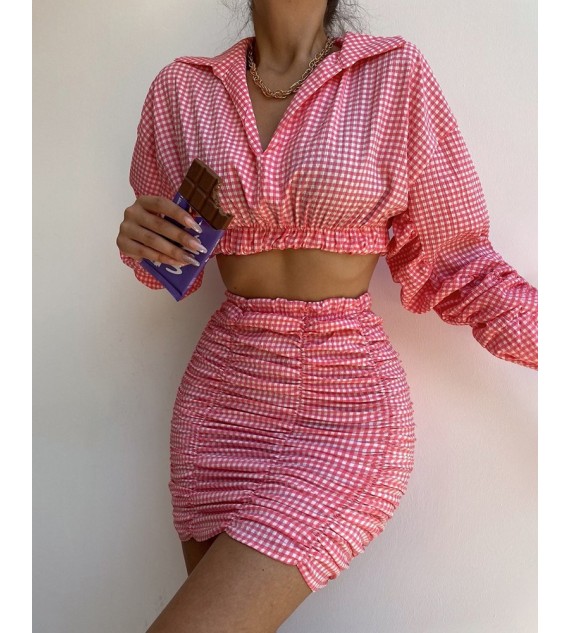 Plaid Print Lantern Sleeve Crop Top & Ruched Skirt Set