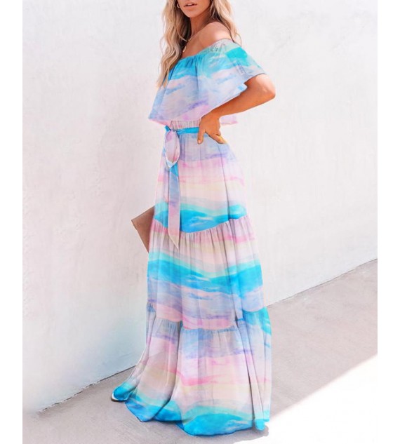 Colorful Off Shoulder Gradient Color Ruffles Maxi Dress