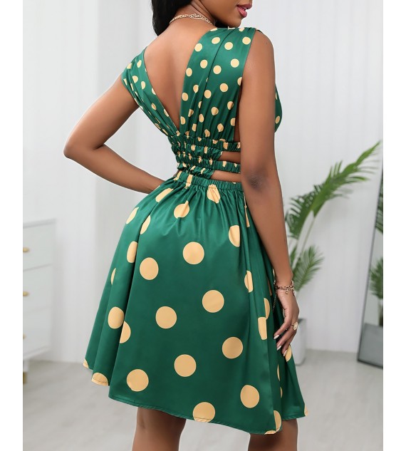 Cutout Waist Plunge Polkadot Print Dress