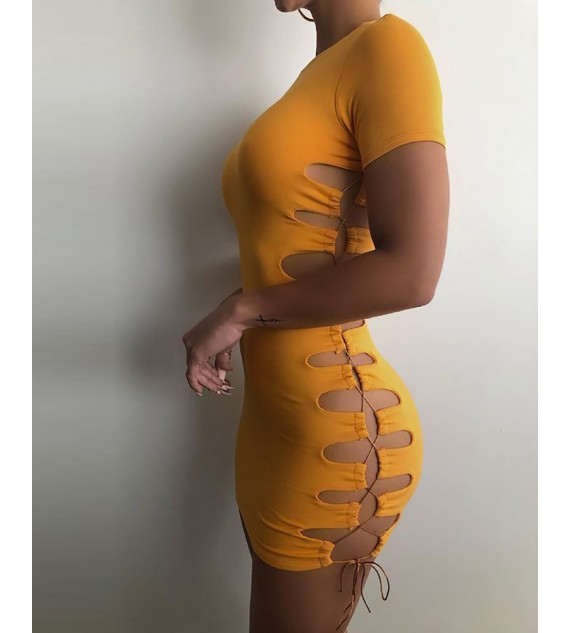 Lace-up Short Sleeve Cutout Bodycon Dress