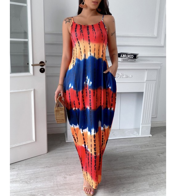Tie Dye Printed Long Maxi Dress Spaghetti Strap Summer Casual  Beach Party Dress