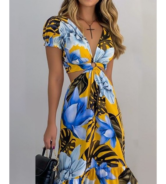 Floral Print Short Sleeve Loose Midi Dress