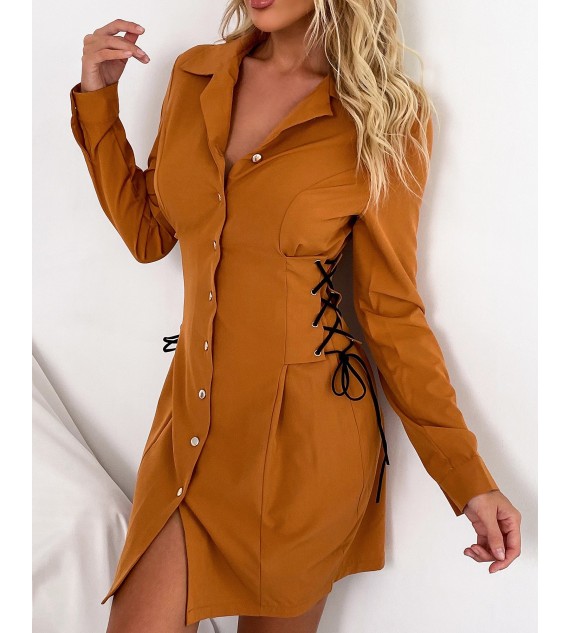 Eyelet Lace Up Button Design Shirt Dress