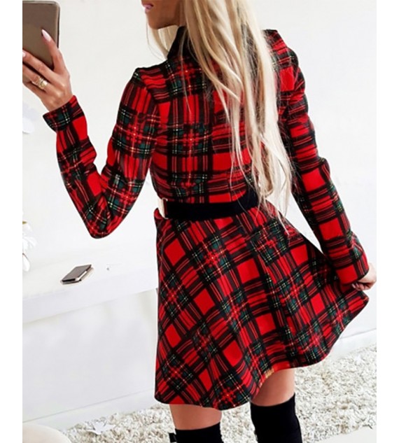 Eyelash Lace Plaid Long Sleeve Women Dress