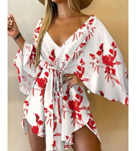 Floral Print V-Neck Asymmetrical Tie Front Mini Dress Casual Summer Dress