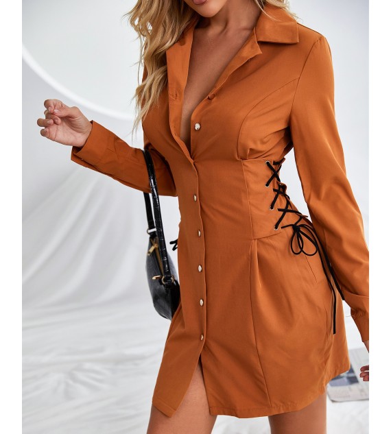 Eyelet Lace Up Button Design Shirt Dress