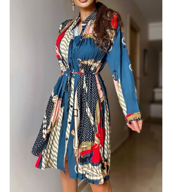 Chain Print Long Sleeve Ruched Shirt Dress