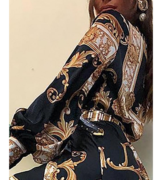 Baroque Print Lantern Sleeve Maxi Dress
