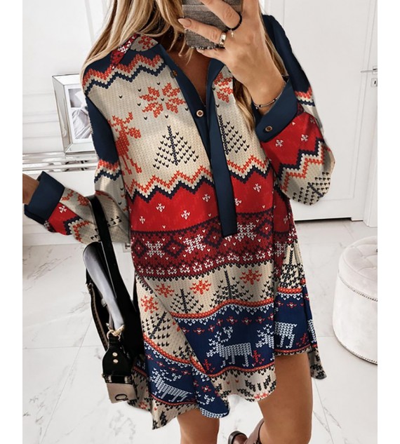 Christmas Print Buttoned Shirt Dress