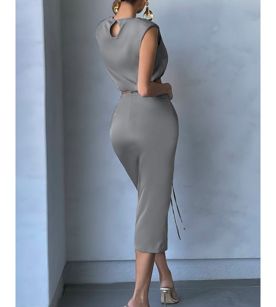 Keyhole Back Crop Tank Top & Drawstring Ruched Split Thigh Skirt Set
