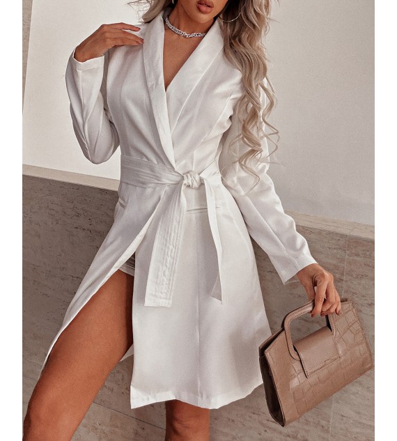 Solid Color Wrap Hem Belted Blazer Dress